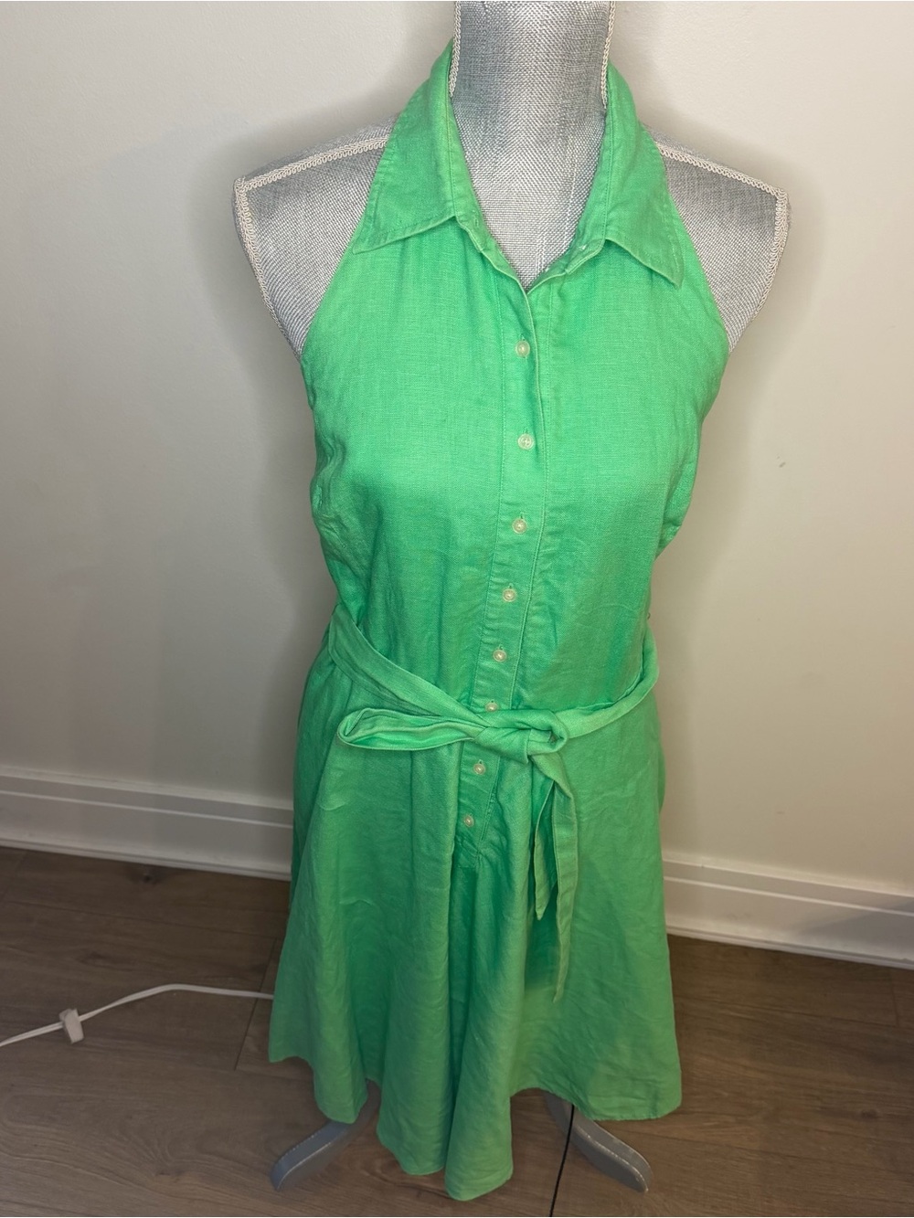 Vintage Lauren Ralph Lauren Green Halter Button-Front Tie-Waist Dress, backless